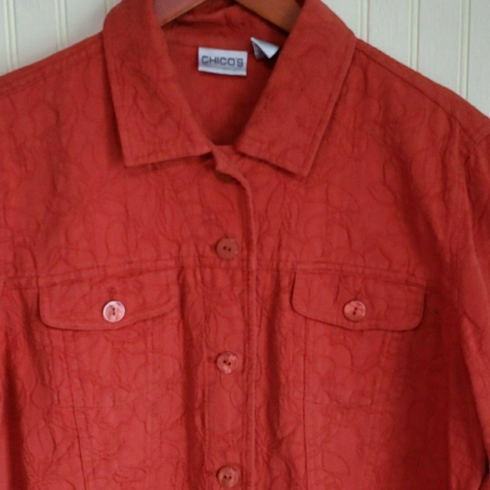 Chico's Button Up Shirt Womens 2 Orange Collared Long Sleeve Textured Floral Top